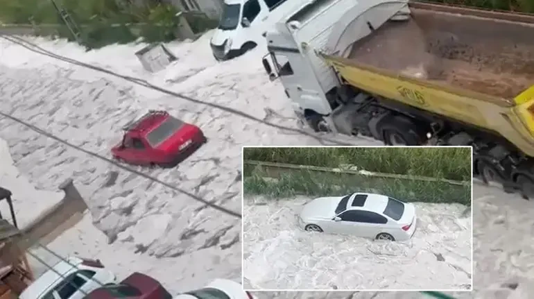 Ankaranı dolu "vurdu": Yollar ağ örtüyə bürünüb, nəqliyyat vasitələrinə ziyan dəyib